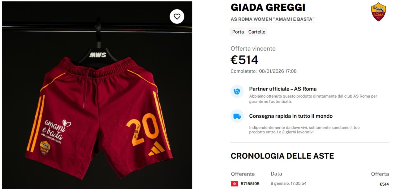 Uno dei pantaloncini della Roma Femminile venduto all'asta ad un prezzo 