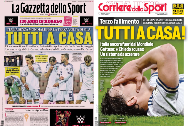 Le prime pagine dei quotidiani sportivi dopo Bosnia Italia