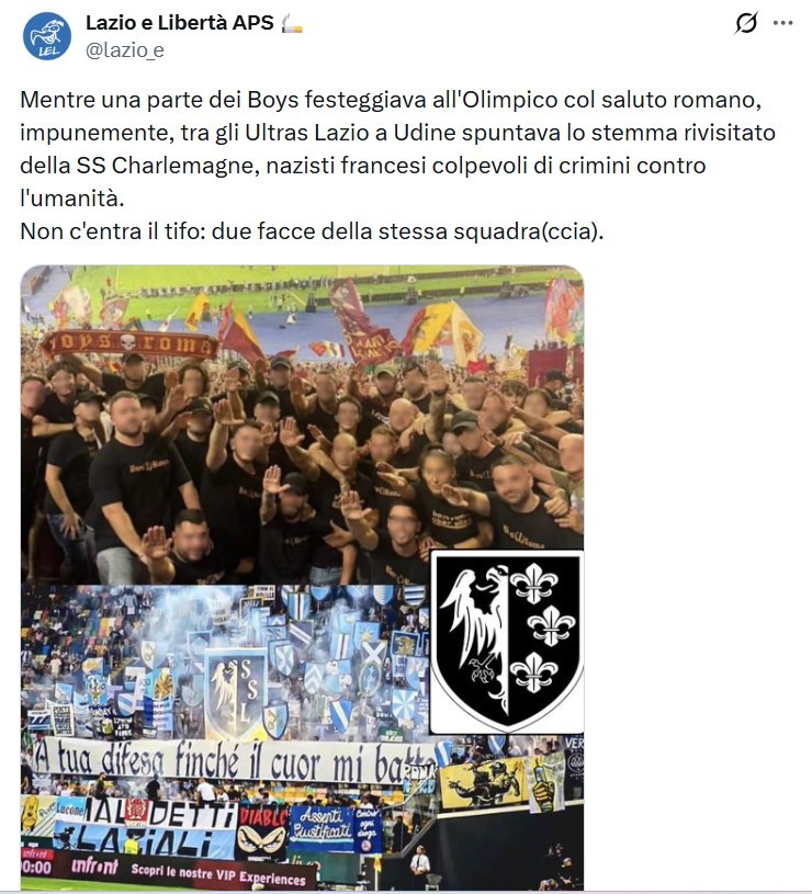 Il post di Lazio e Libertà sulla coreografia della Lazio a Udine