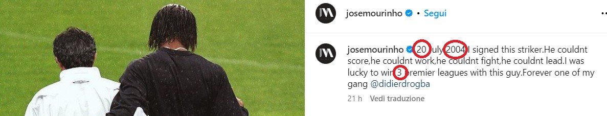 I numeri scelti da Mourinho nella foto con Drogba