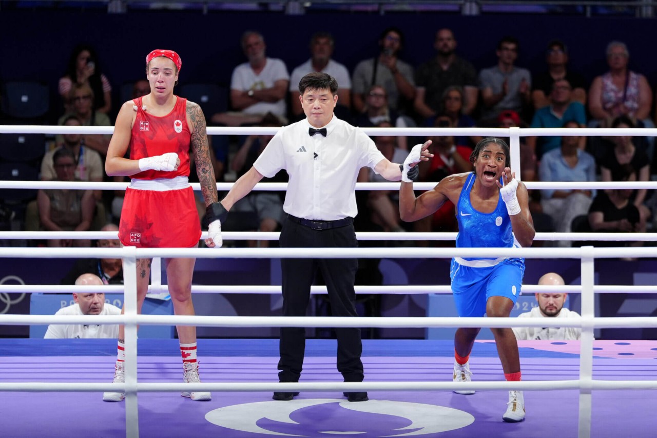 La reazione di Cindy Ngamba dopo aver battuto la canadese Thibeault. Foto Peter Byrne PA Images via Getty Images